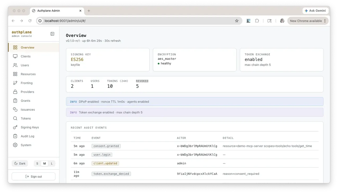The AuthPlane admin console — clients view